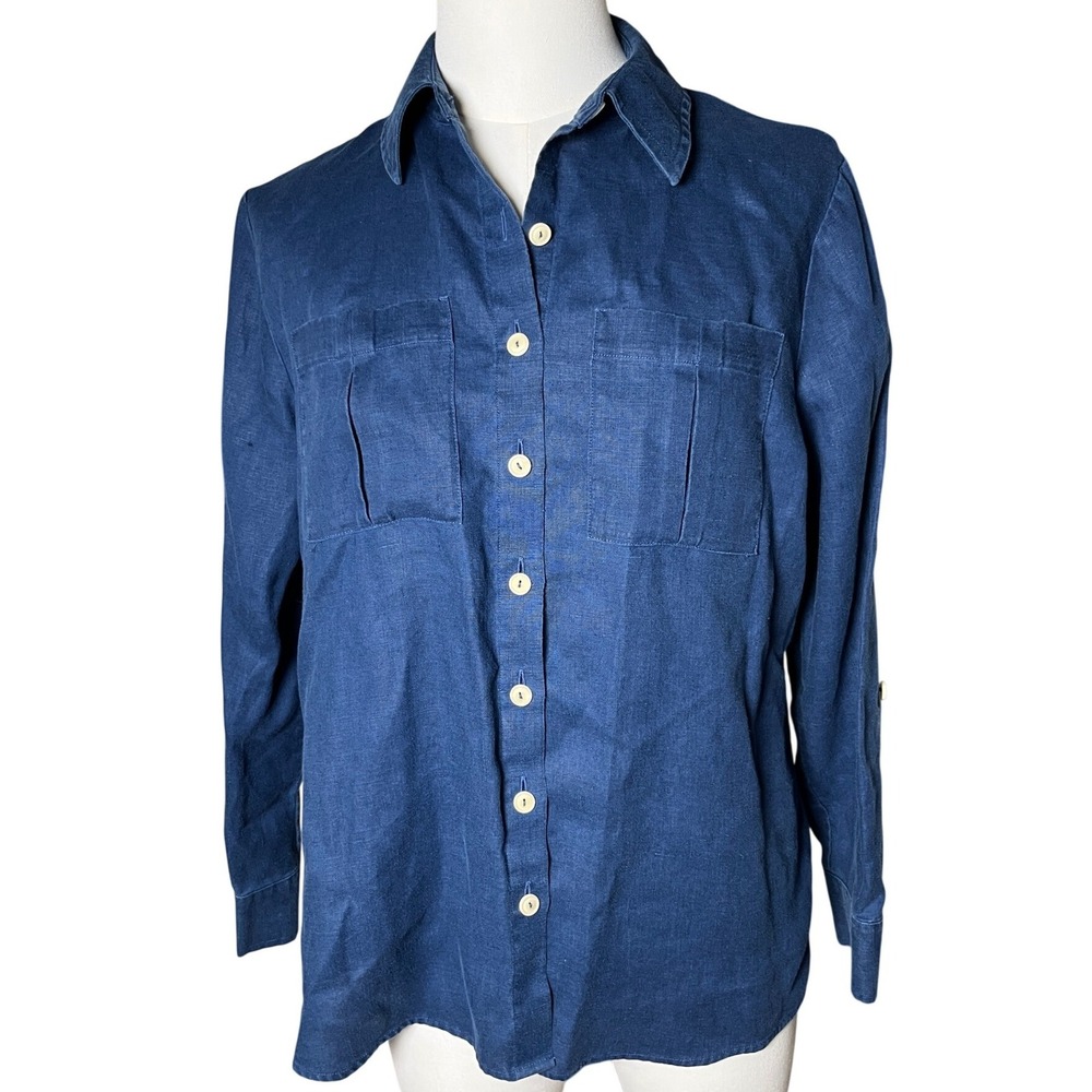 Hemp Button Front Shirt‎ Indigo Blue Roll Tab Sleeves Pockets Gold Labell 10P